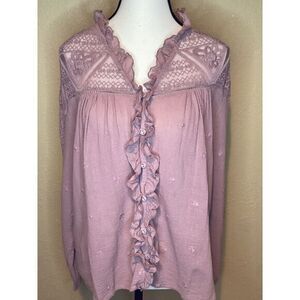 Forever that Girl by Anthropology Dusty Pink Lace Blouse, Ruffles, Button Down‎